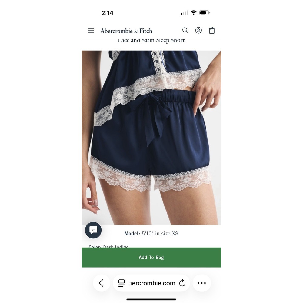 NWT Abercrombie Fitch Navy Satin Shorts W/Lace Trim Medium. Luxe, Sexy,Romantic